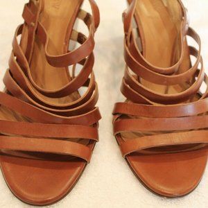 J Crew Cognac Brown Stappy Wedge Heel Sandals